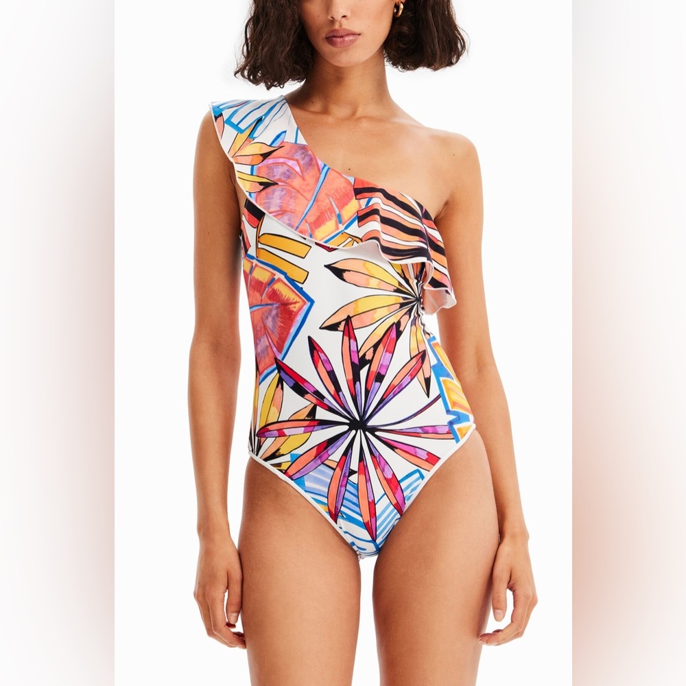 *New* Desigual Asymmetric Ruffle Swimsuit, Size XS (EUR Small)